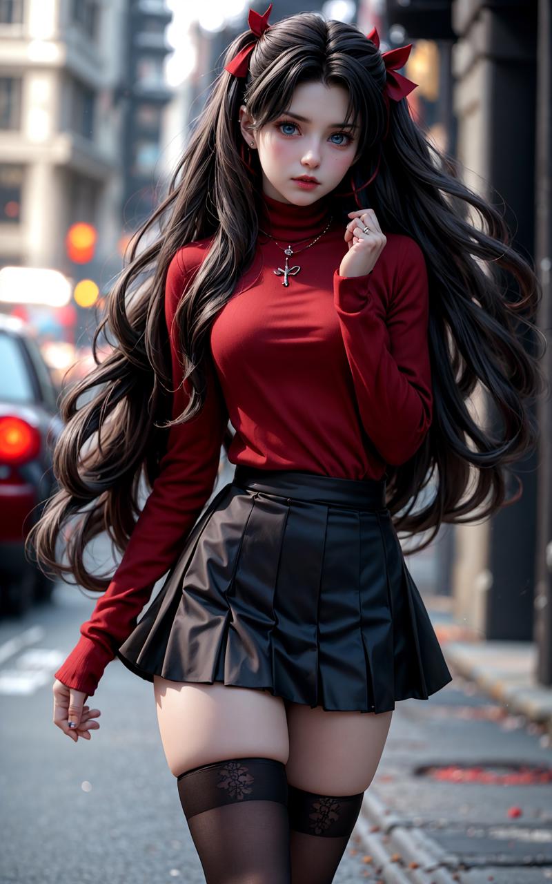 606247209521969540-113427943-blurry background，_Rin Tohsaka，1gir，tohsaka rin，solo，long hair，brown hair，black thighhighs，blue eyes，_pleated skirt，two side up，.jpg